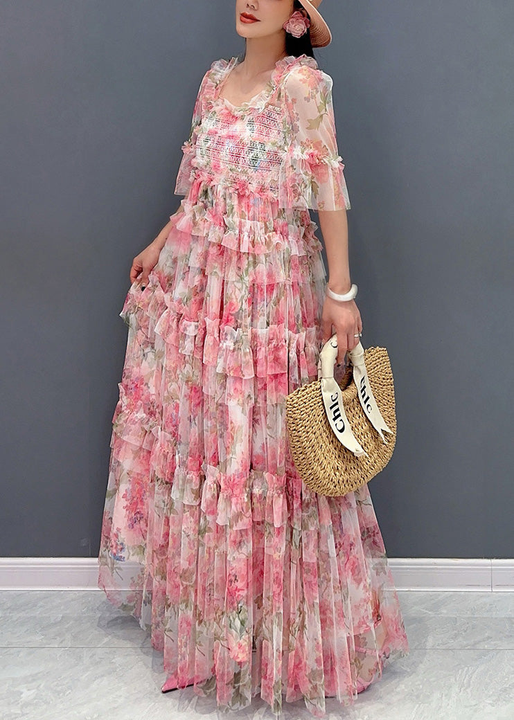 Italian Pink Ruffled Print Chiffon Long Dresses Half Sleeve