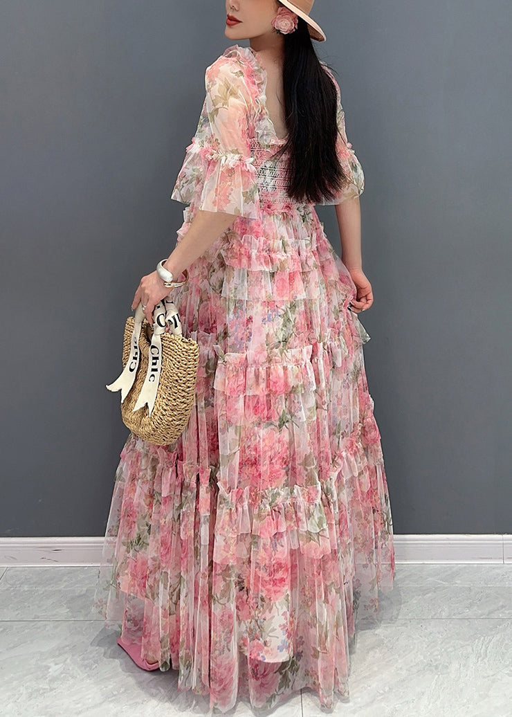 Italian Pink Ruffled Print Chiffon Long Dresses Half Sleeve