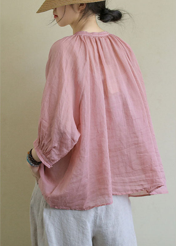 Italian Pink-rose flower V Neck Button Loose Fall Half Sleeve Blouse Top