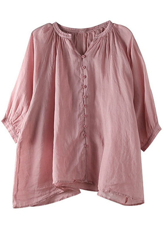 Italian Pink-red flower V Neck Button Loose Fall Half Sleeve Blouse Top