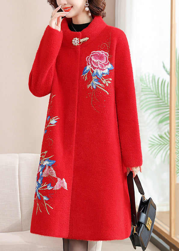 Italian Red Stand Collar Button Maxi Mink Velvet Wool Coats Spring