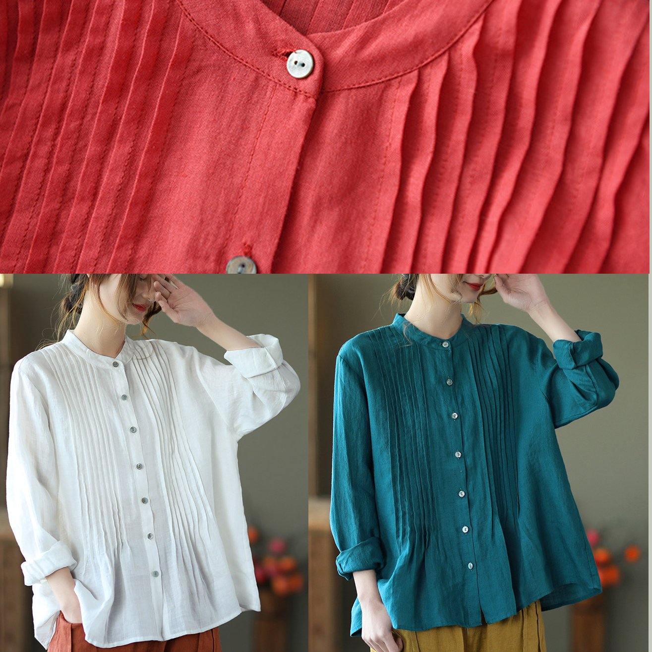 Italian Stand Collar Cinched Spring Top Work Outfits Blue Shirts