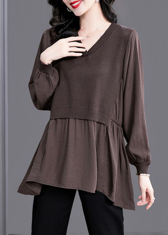 Italian V Neck Patchwork Knit Blouse Winter