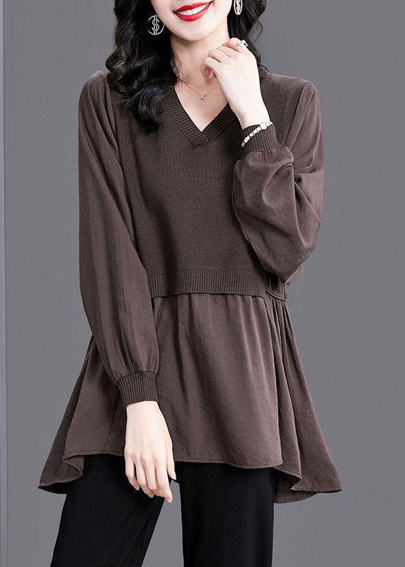 Italian V Neck Patchwork Knit Blouse Winter