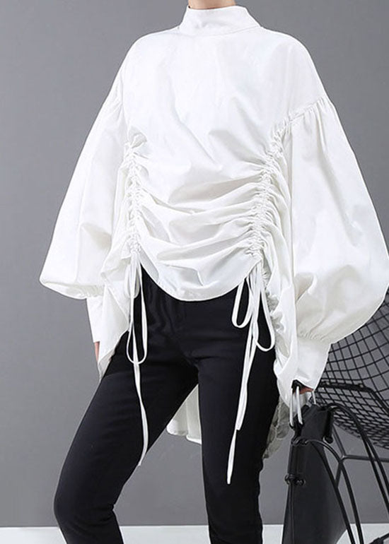 Italian White drawstring Stand Collar tops Puff Sleeve