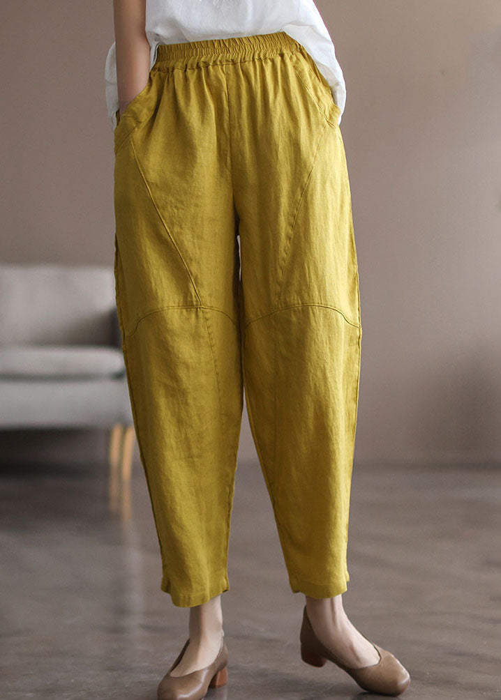 Italian Yellow Elastic Waist Pockets Linen Pants Summer