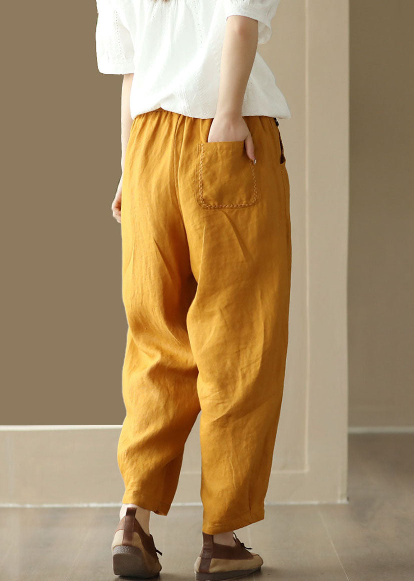 Italian Yellow Pockets Elastic Waist Linen Pants Summer