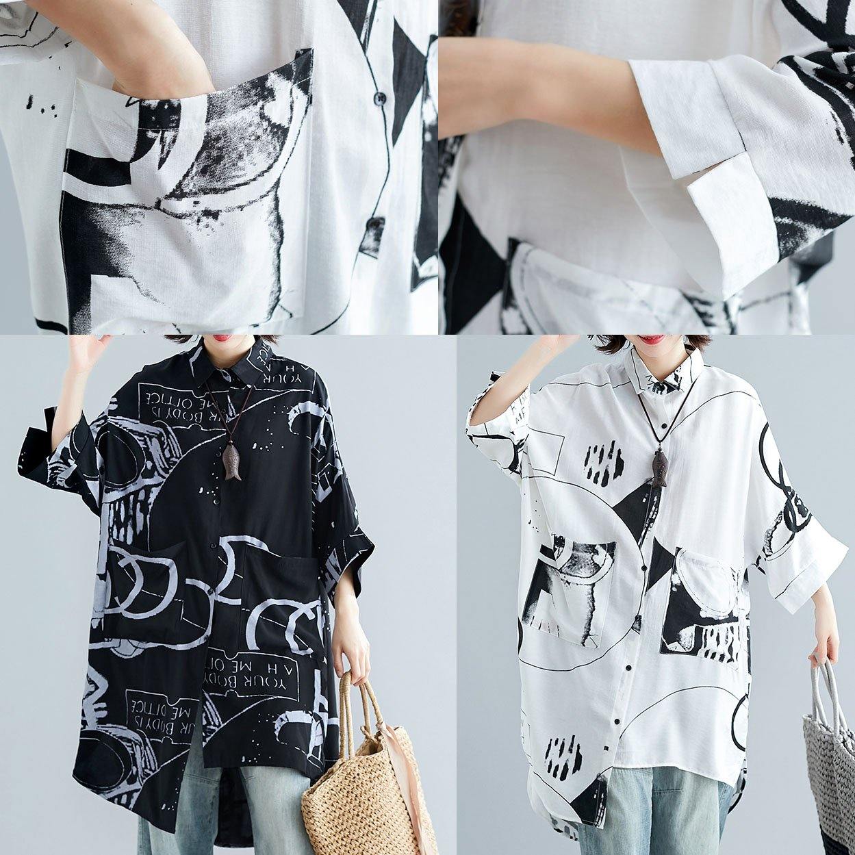 Italian asymmetric hem cotton linen tops women blouses Neckline white prints shirt summer