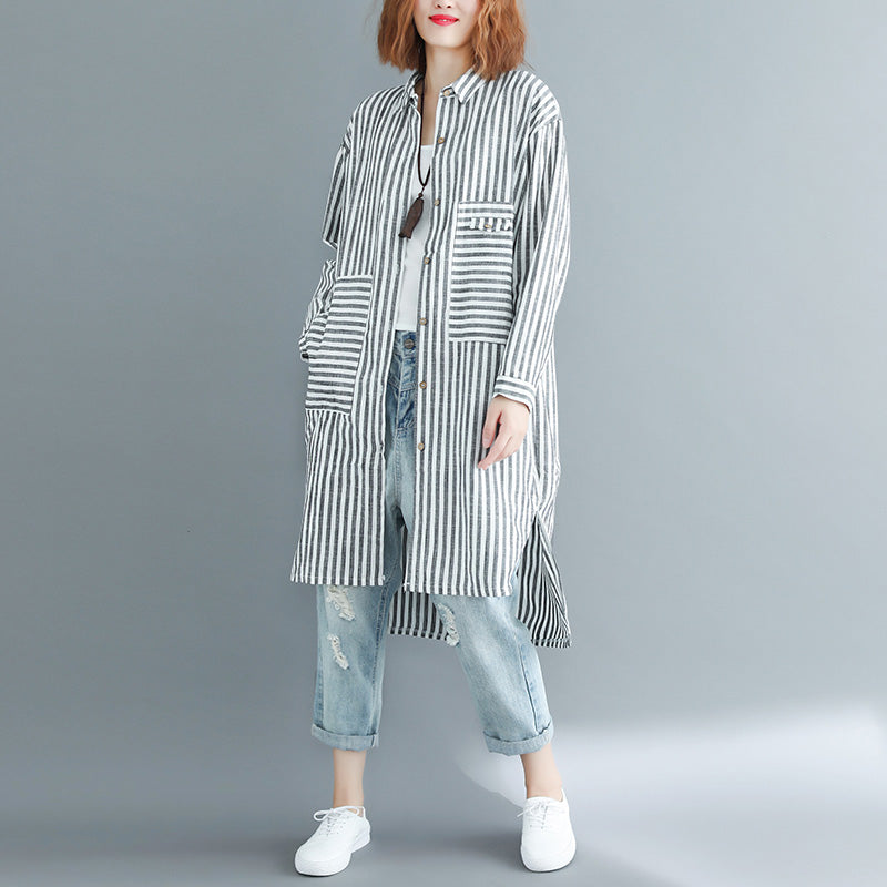 Italian black white striped linen clothes For Women plus size Shape side open Dresses spring Dress