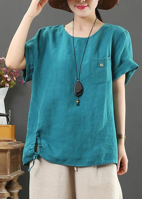 Italian blue linen clothes For Women o neck pockets Plus Size Clothing summer tops