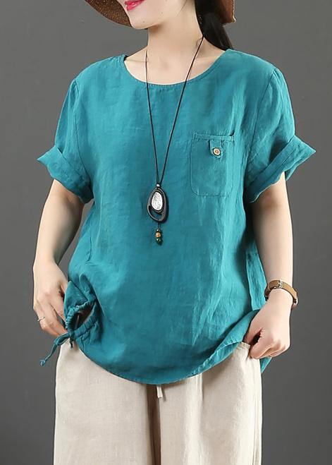 Italian blue linen clothes For Women o neck pockets Plus Size Clothing summer tops