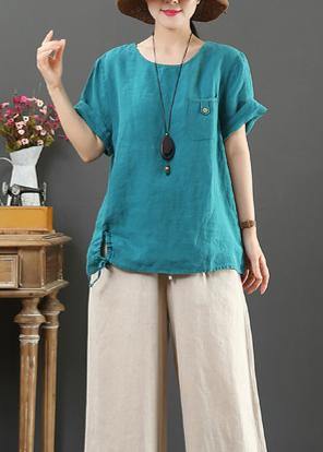 Italian blue linen clothes For Women o neck pockets Plus Size Clothing summer tops