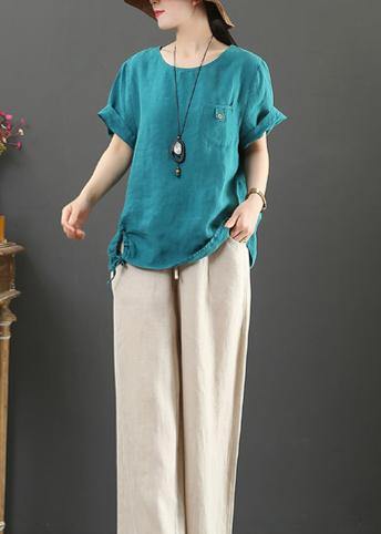 Italian blue linen clothes For Women o neck pockets Plus Size Clothing summer tops