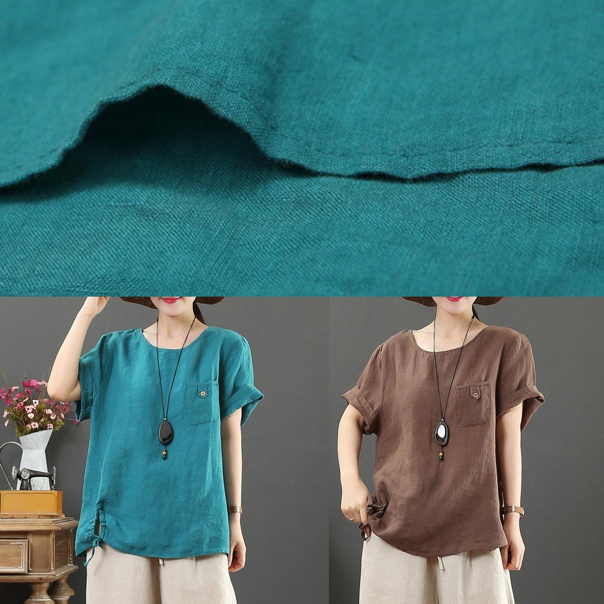 Italian blue linen clothes For Women o neck pockets Plus Size Clothing summer tops