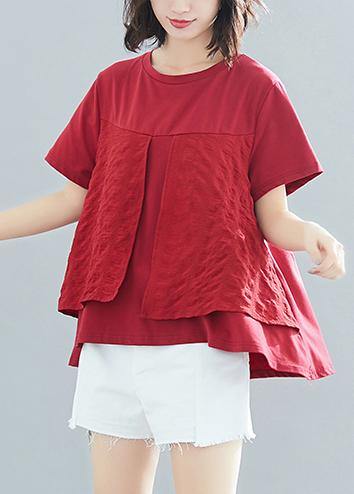 Italian burgundy cotton clothes For Women Fitted Sewing o neck patchwork Art Summer tops