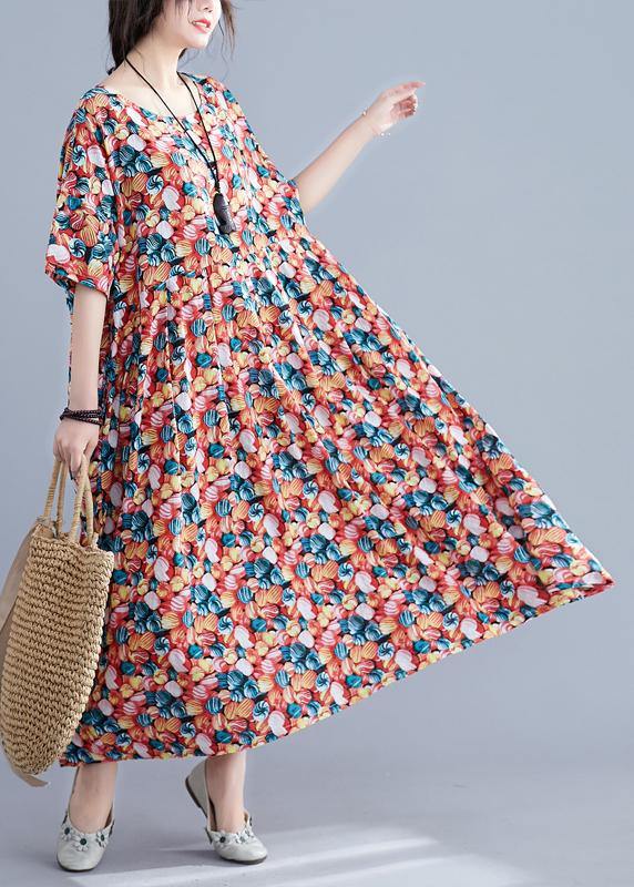 Italian floral cotton Robes o neck Cinched Maxi summer Dress