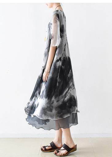 Italian gray print chiffon clothes For Women plus size Fashion Ideas o neck pockets Summer Dress