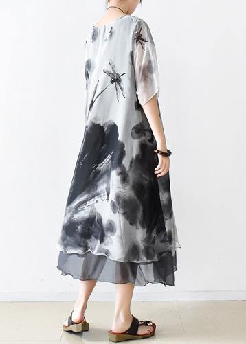 Italian gray print chiffon clothes For Women plus size Fashion Ideas o neck pockets Summer Dress