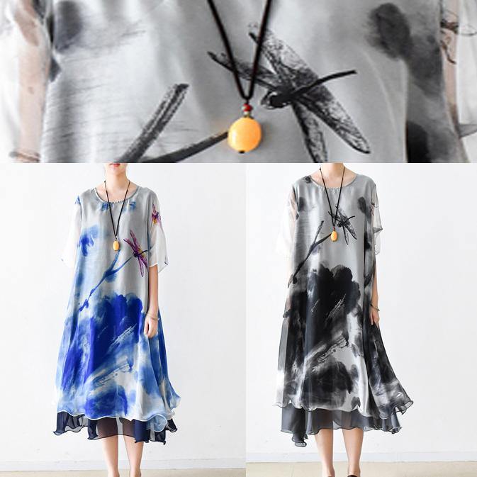 Italian gray print chiffon clothes For Women plus size Fashion Ideas o neck pockets Summer Dress