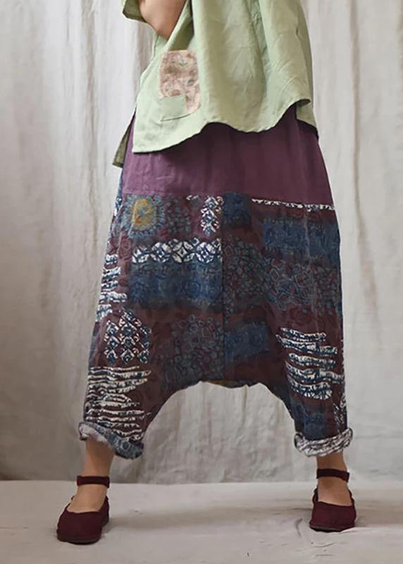 Italian linen trousers Vintage Printed Low Crotch Casual Harem Pants