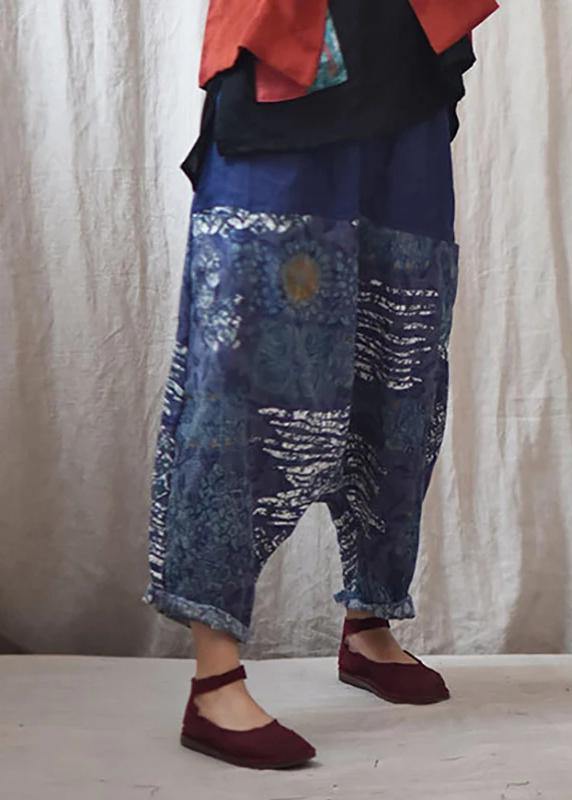 Italian linen trousers Vintage Printed Low Crotch Casual Harem Pants