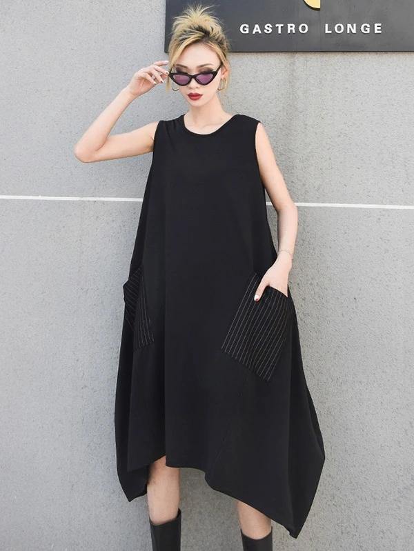 Italian sleeveless asymmetric cotton summer black cotton Dresses