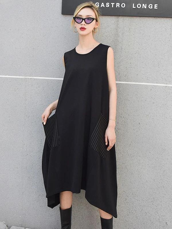 Italian sleeveless asymmetric cotton summer black cotton Dresses