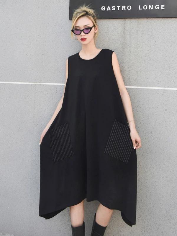 Italian sleeveless asymmetric cotton summer black cotton Dresses