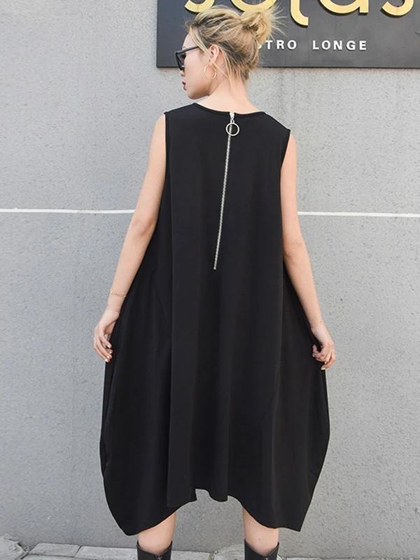 Italian sleeveless asymmetric cotton summer black cotton Dresses