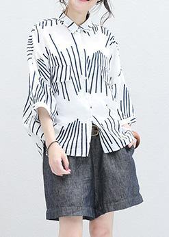 Italian white asymmetric striped cotton Long Shirts half sleeve Art summer shirt