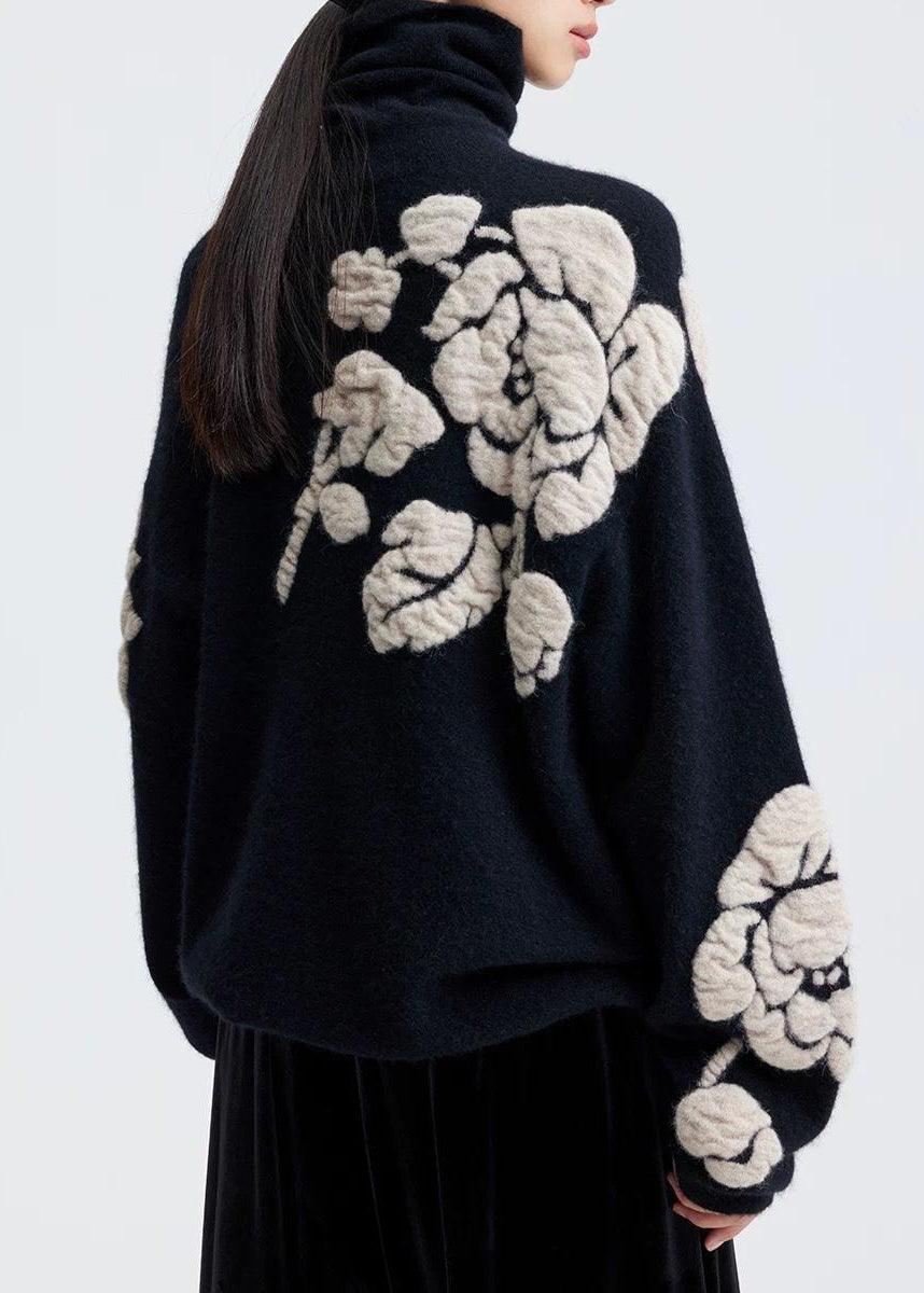 Jacquard Black Turtleneck Floral Wool Knit Sweaters Winter