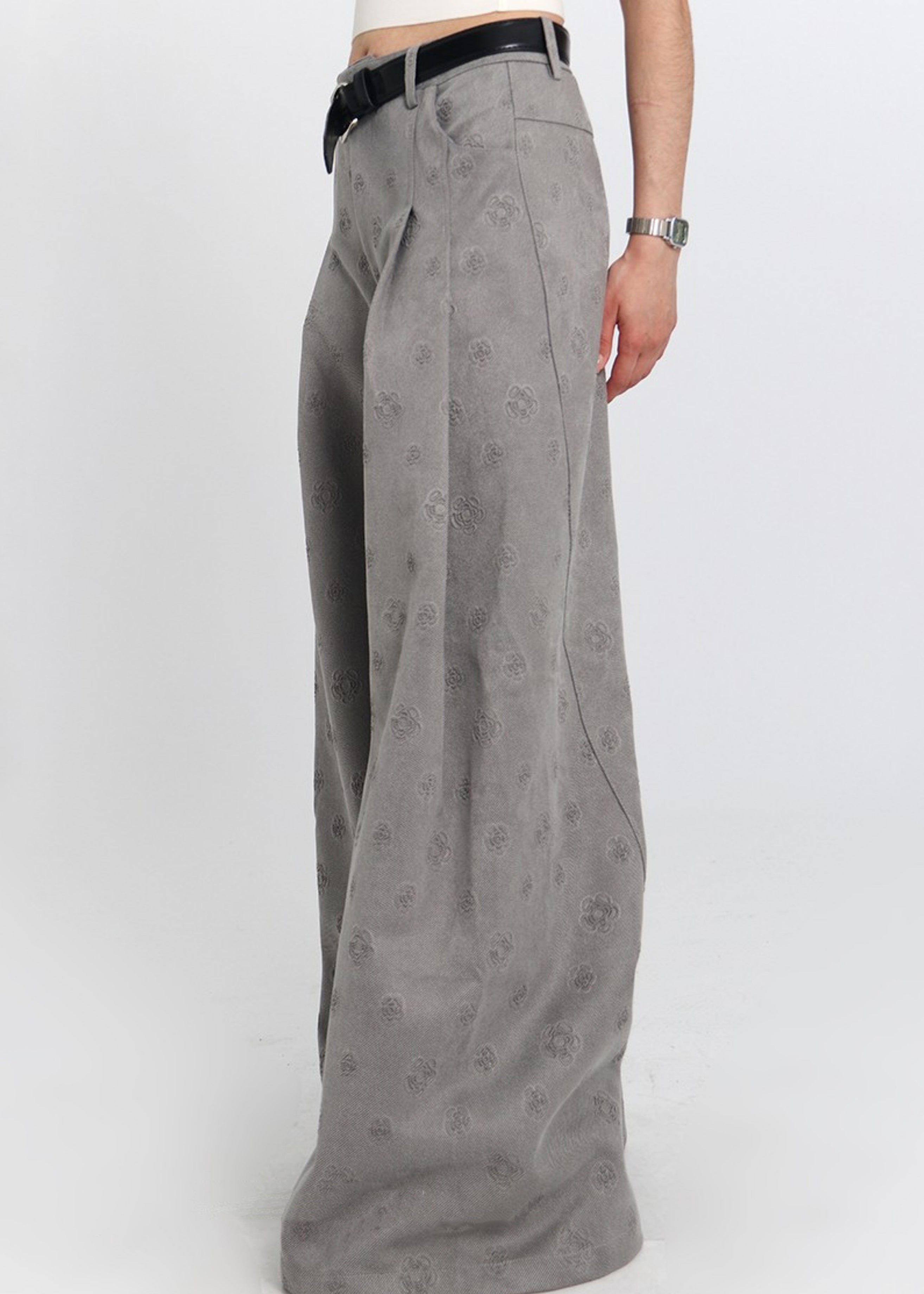 Jacquard Grey Pockets High Waist Cotton Wide Leg Pants Spring