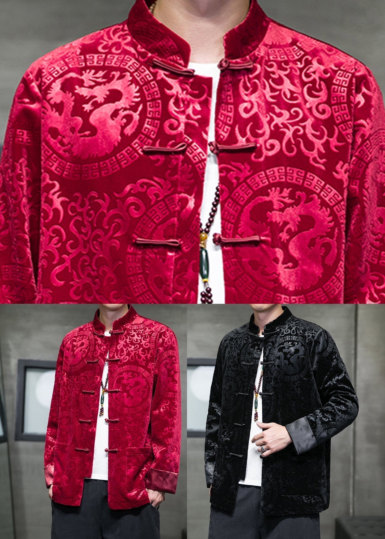 Jacquard Red Pockets Button Silk Velour Men Coats Spring