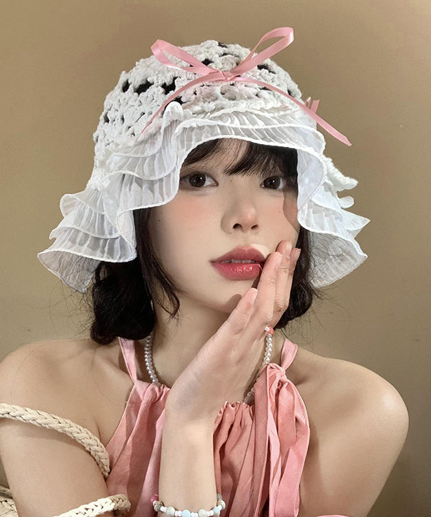 Japanese Style Knitted Hollow Out Bow Ruffled Bucket Hat