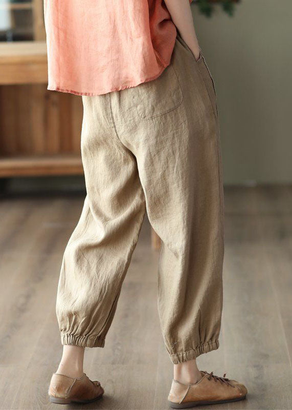 Khaki Hollow Out Patchwork Linen Harem Pants Summer