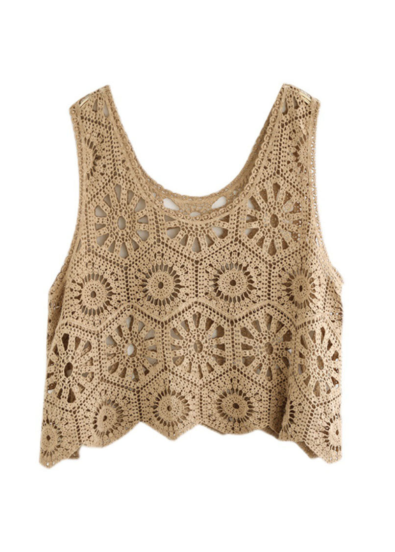 Khaki Knit Beach Vest Hollow Out Sleeveless