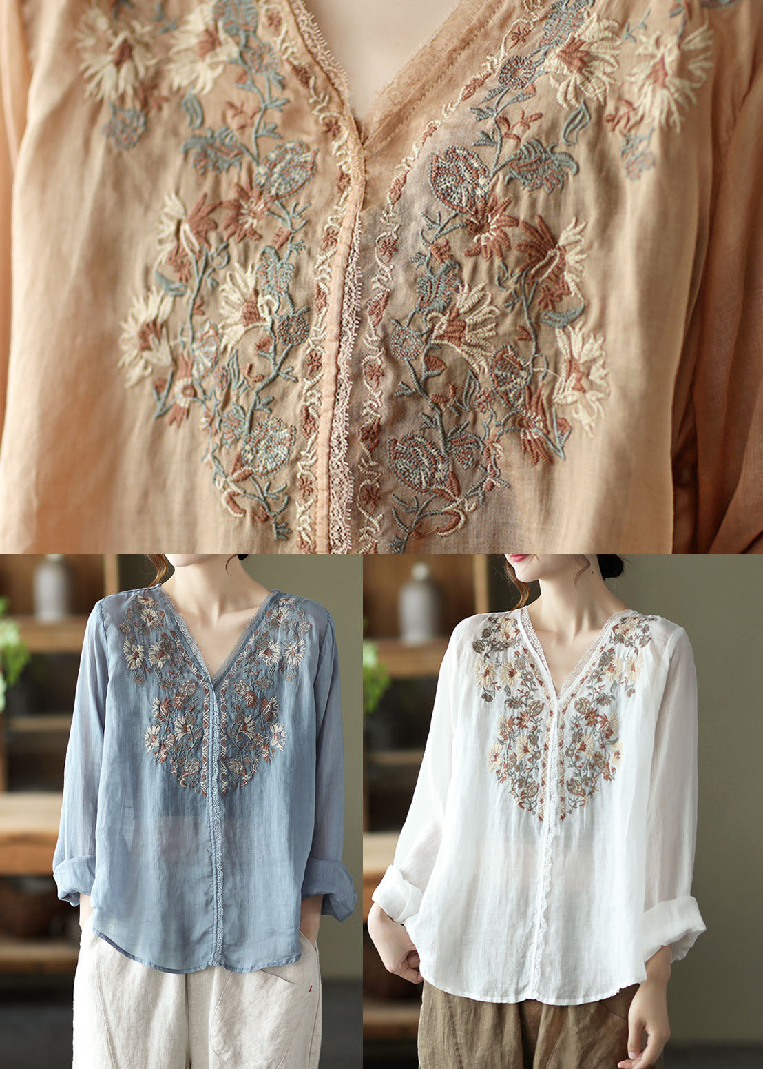 Khaki Lace Patchwork Linen Shirt Top Low High Design Long Sleeve