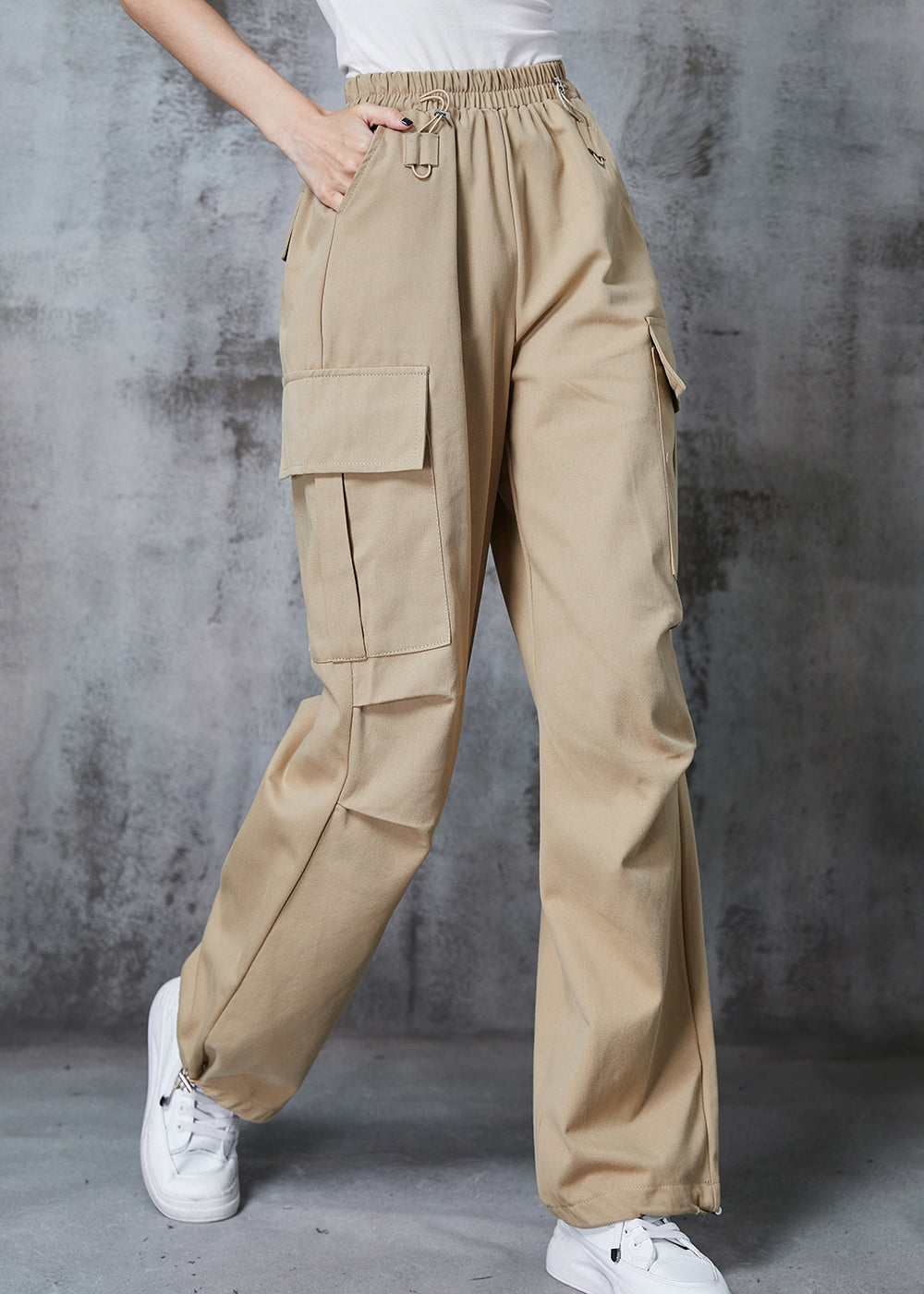 Khaki Oversized Cotton Pants Drawstring Pockets Summer