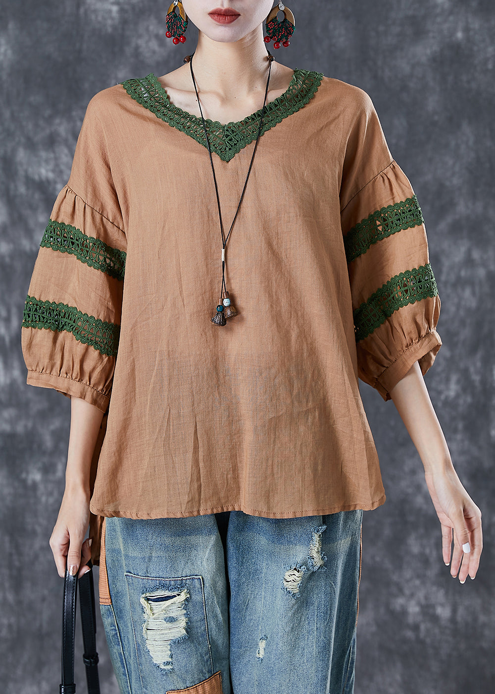 Khaki Patchwork Linen Blouse Top V Neck Hollow Out Puff Sleeve