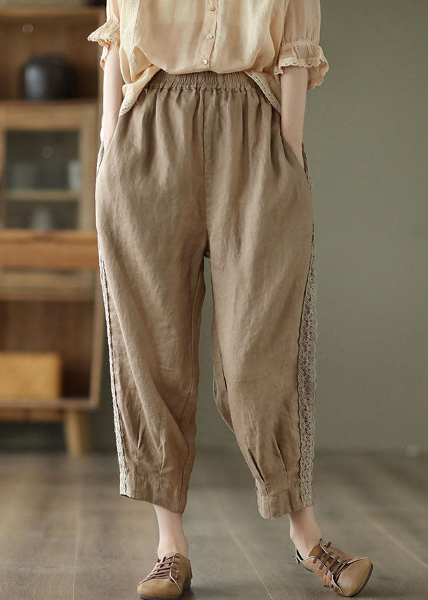 Khaki Patchwork Linen Crop Pants Elastic Waist Oversized Pockets Spring