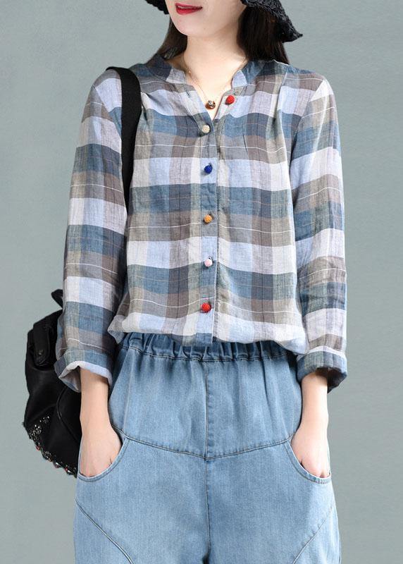 Khaki Plaid Patchwork Summer Linen Top Long Sleeve