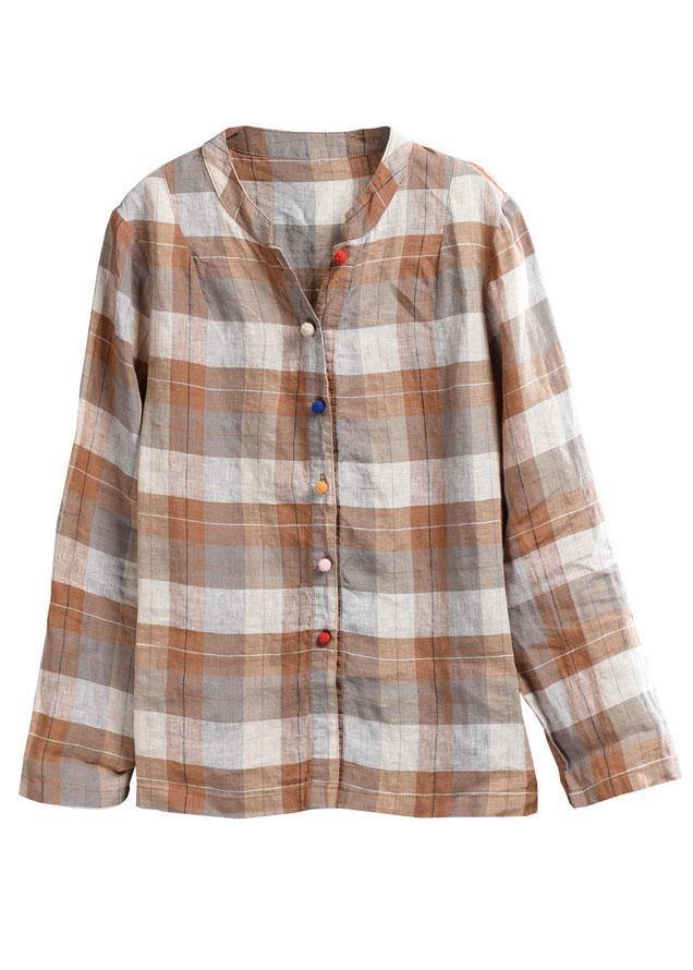 Khaki Plaid Patchwork Summer Linen Top Long Sleeve