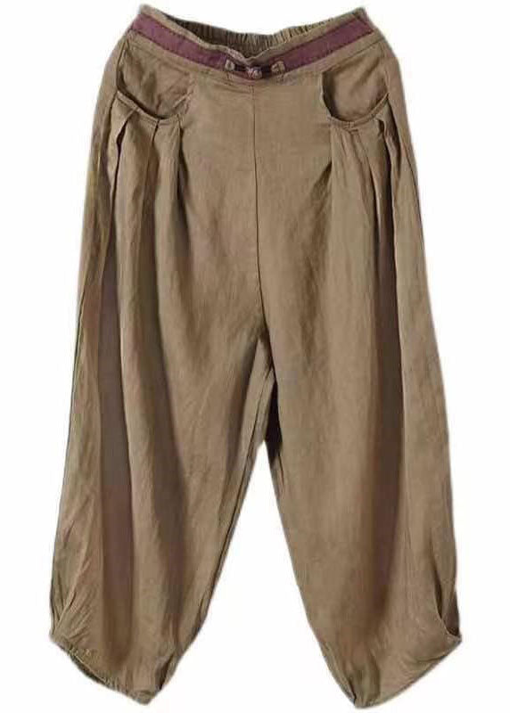 Khaki Pockets Patchwork Linen Crop Pants Elastic Waist Summer