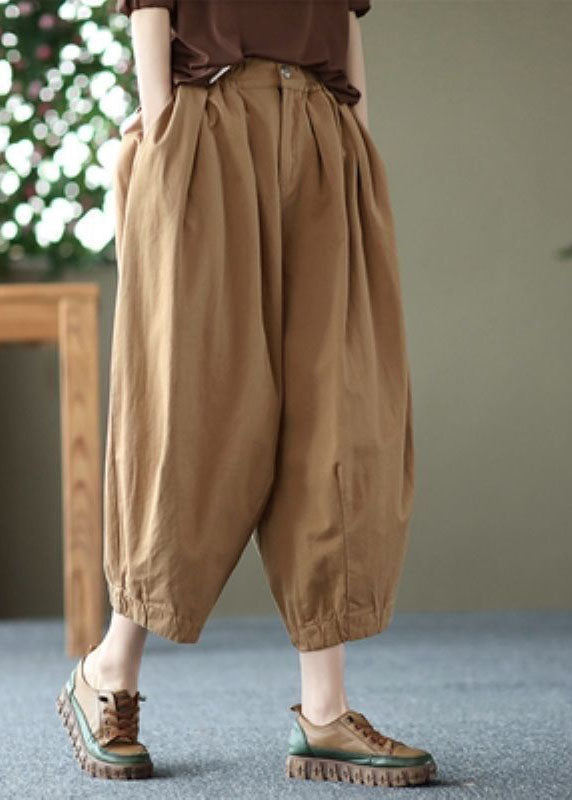 Khaki Pockets Patchwork Linen Crop Pants Wrinkled Summer