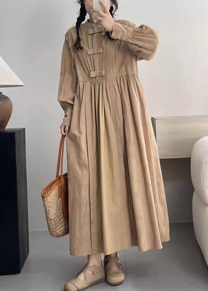 Khaki Pockets Solid Cotton Dresses Stand Collar Spring