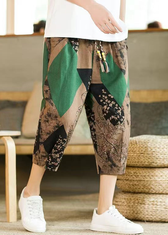 Khaki Print Pockets Cotton Mens Crop Pants Elastic Waist