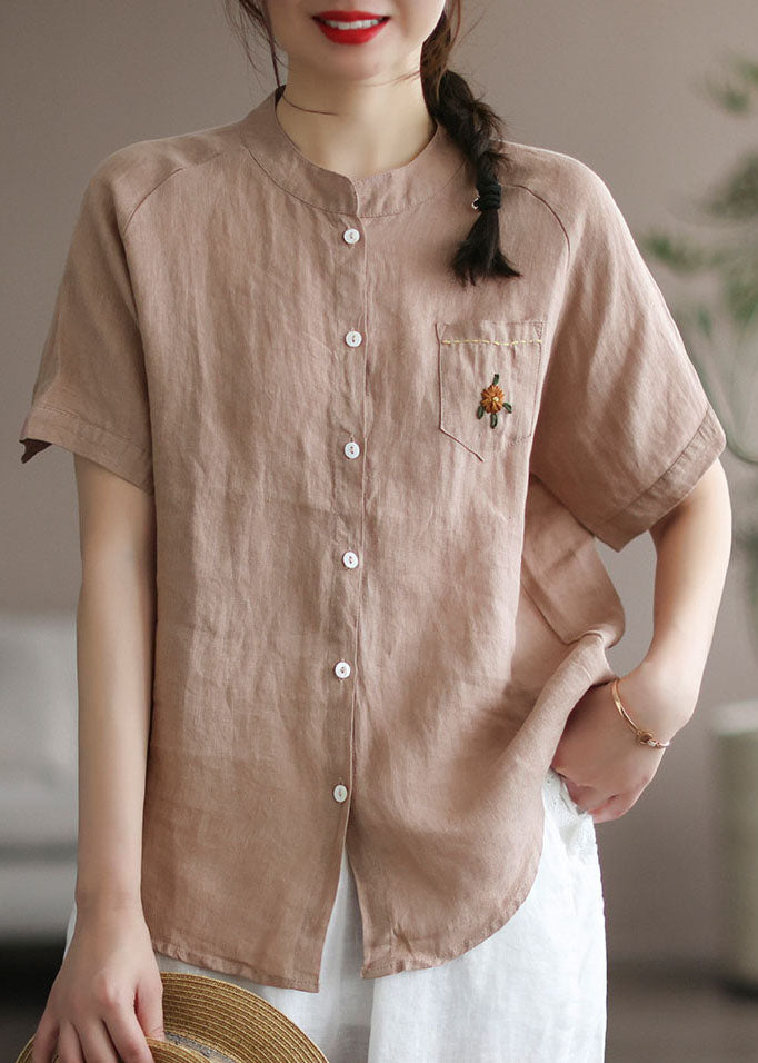 Khaki Solid Loose Linen Shirt Top Embroideried Button Short Sleeve