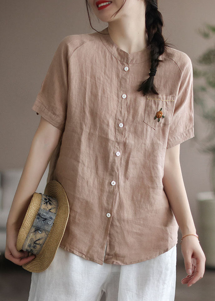 Khaki Solid Loose Linen Shirt Top Embroideried Button Short Sleeve