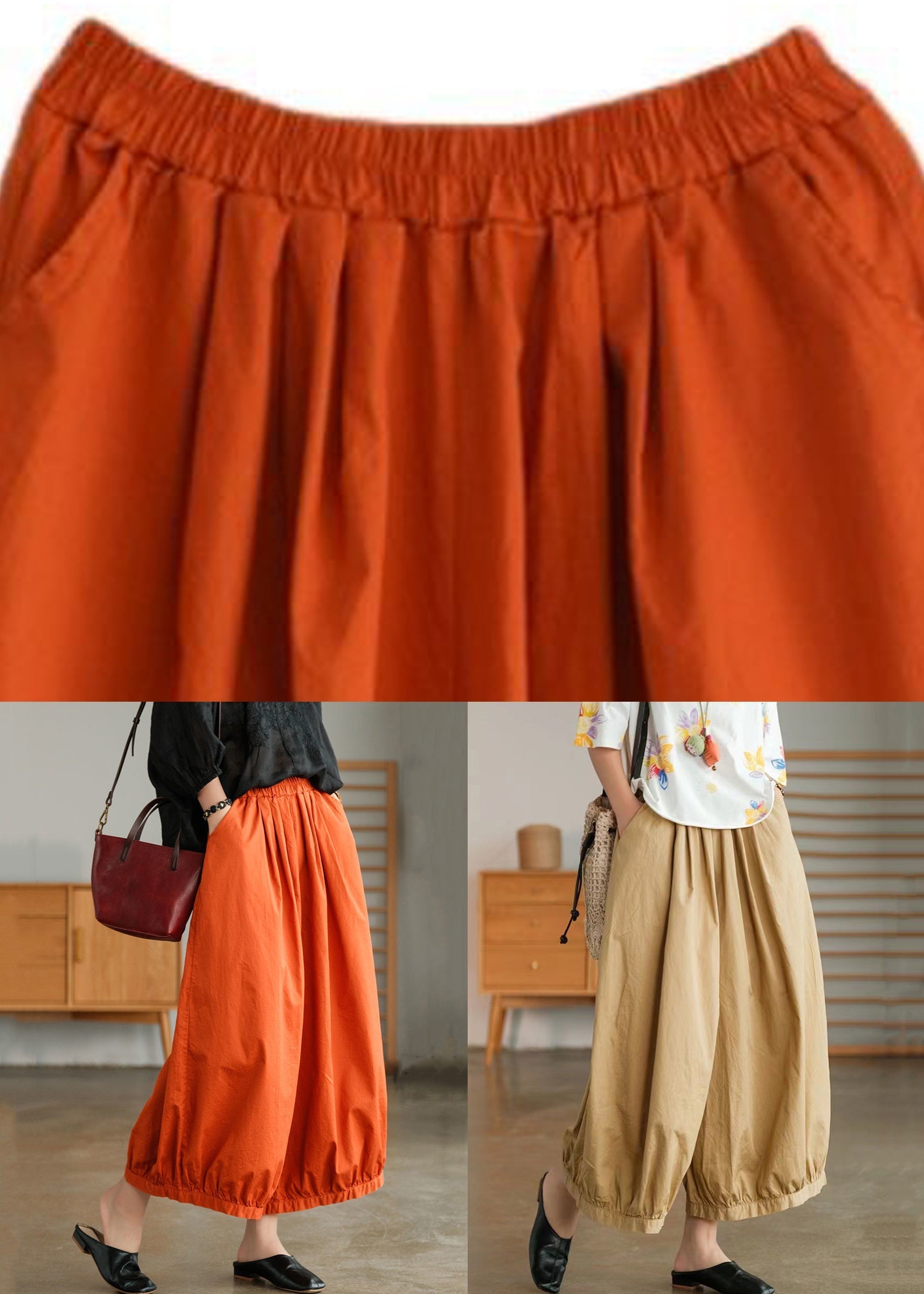 Khaki Solid Pockets Cotton Wide Leg Pants High Waist Summer