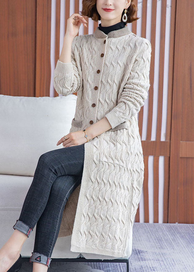 Khaki Thick Knit Long Cardigans Button Pockets Winter